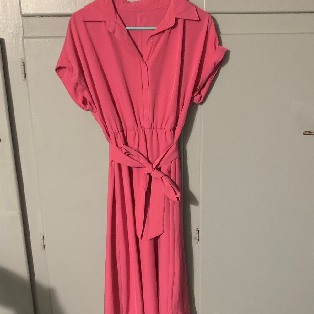 Pink Shirtwaist Belted Maxi Dress - Women